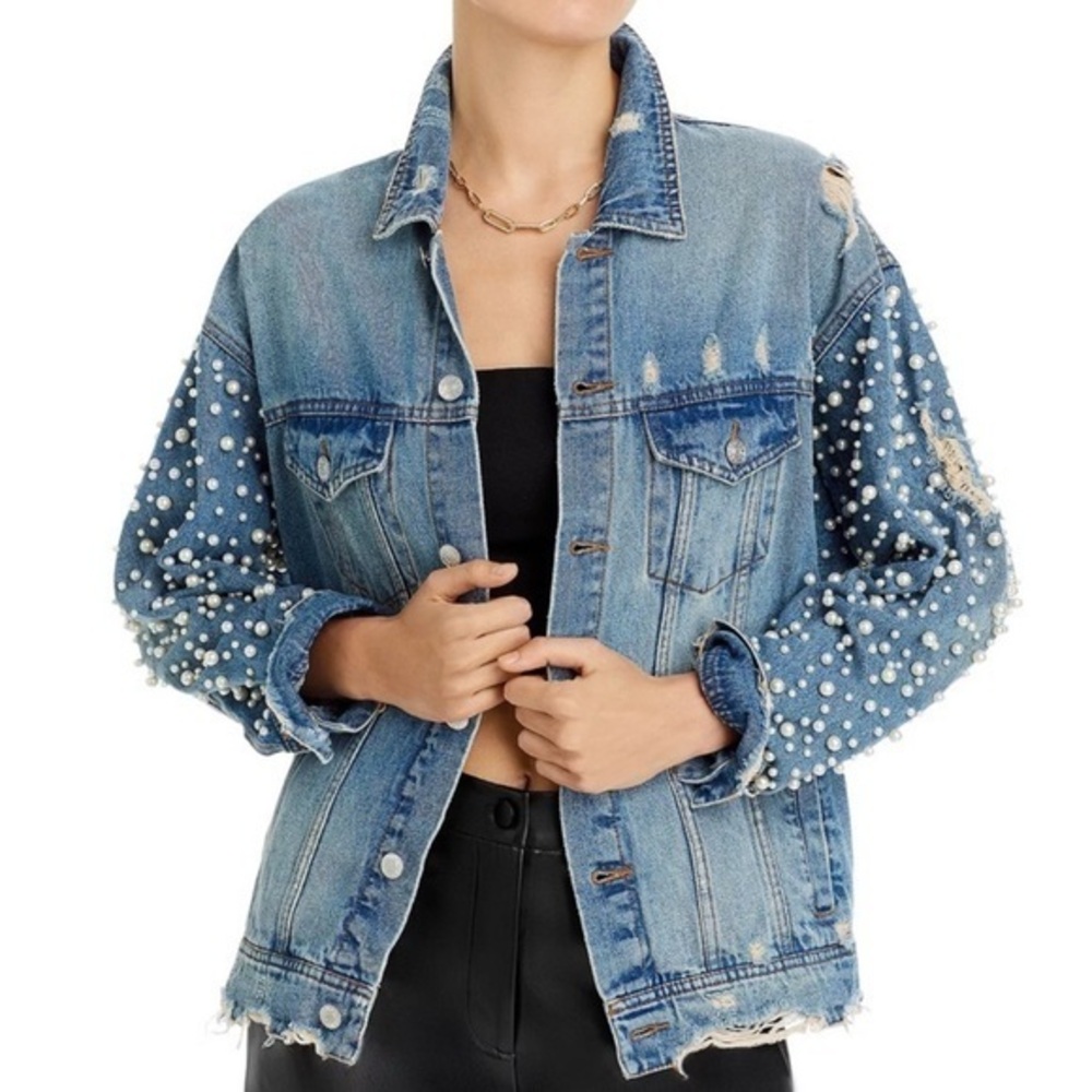 NEW Sunset & Spring Distressed Jean Jacket Oversized Pearl Embellished Denim XS - Picture 1 of 16